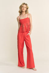 Linen Blend Crochet Lace Detail Top & Pants Set