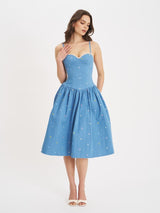 Denim Embroidery Flower Midi Dress
