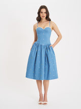 Denim Embroidery Flower Midi Dress