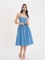 Denim Embroidery Flower Midi Dress