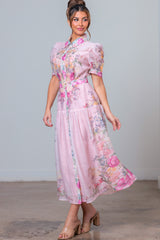 Printed Short Cuff Slvs Midi Dress W/belt