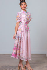 Printed Short Cuff Slvs Midi Dress W/belt