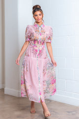 Printed Short Cuff Slvs Midi Dress W/belt
