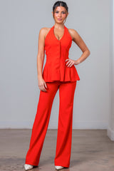 Coral Halter Neck Pants Set