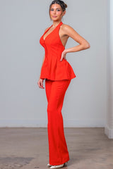 Coral Halter Neck Pants Set