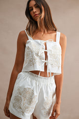 Floral Embroidered Front Self Tie Crop Top And Shorts Set