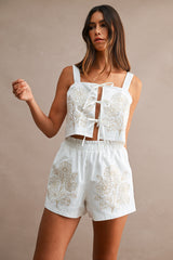 Floral Embroidered Front Self Tie Crop Top And Shorts Set