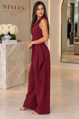Collared V-neck Belted Bubble Jumpsuit