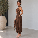 Spiral Brocade Halter Top And Tapered Pant Set