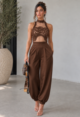 Spiral Brocade Halter Top And Tapered Pant Set