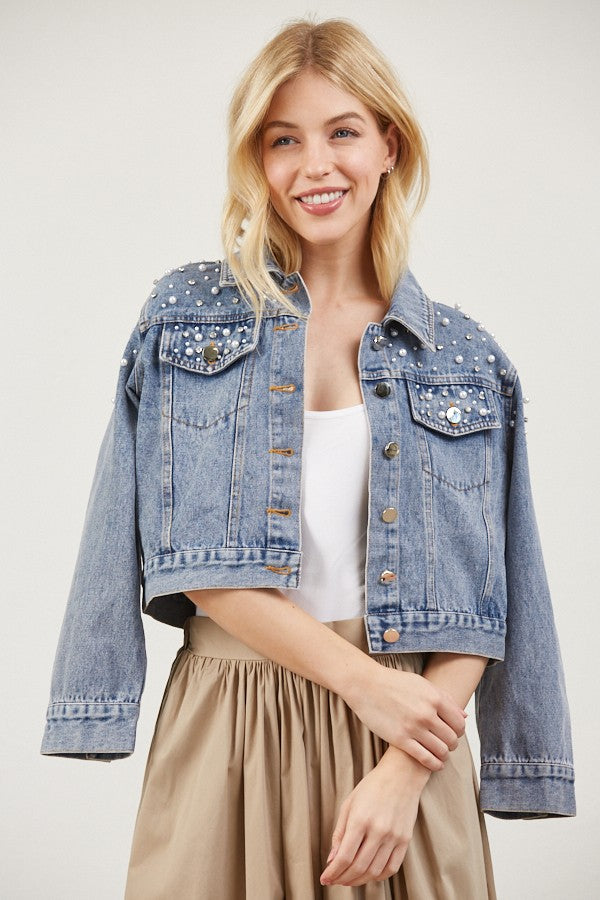 Pearl and Rhinestone Denim Jacket