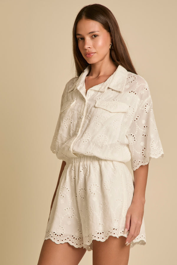 Eyelet Lace Pocket Detailed Button Front Romper