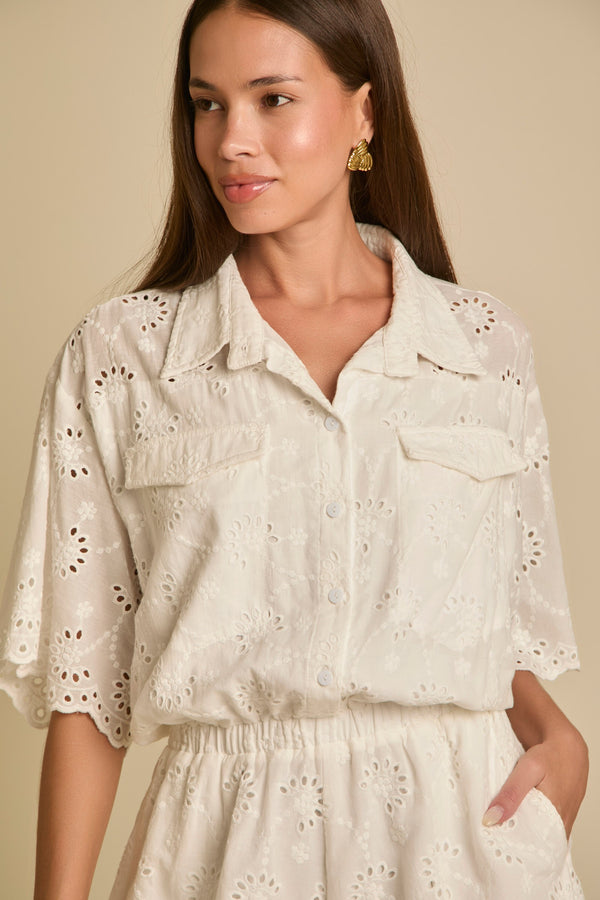 Eyelet Lace Pocket Detailed Button Front Romper