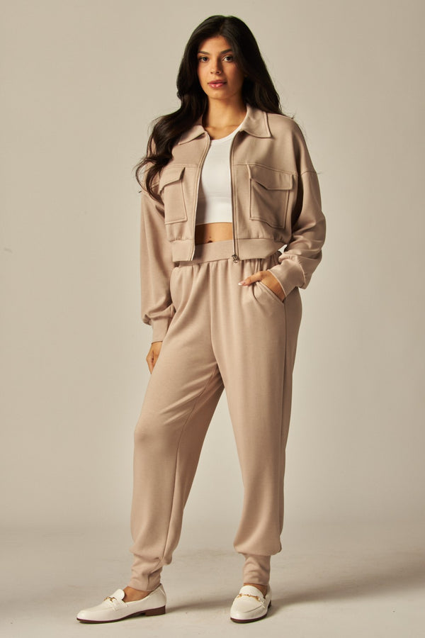 Double Soft Cropped Zip-Up Jacket & Cuff Pant Set