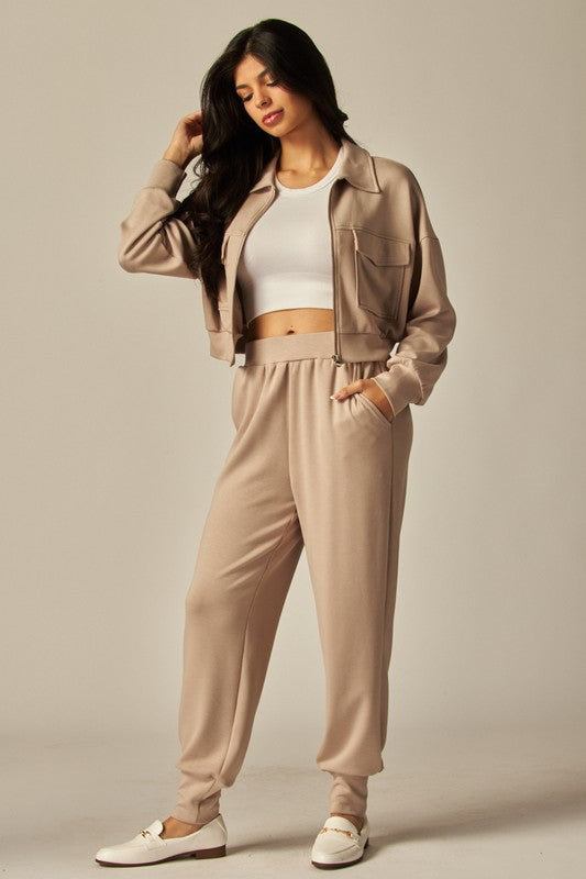 Double Soft Cropped Zip-Up Jacket & Cuff Pant Set