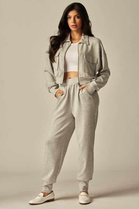 Double Soft Cropped Zip-Up Jacket & Cuff Pant Set