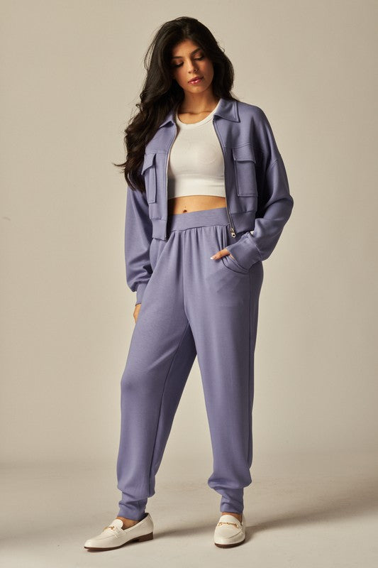 Double Soft Cropped Zip-Up Jacket & Cuff Pant Set