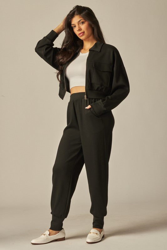 Double Soft Cropped Zip-Up Jacket & Cuff Pant Set