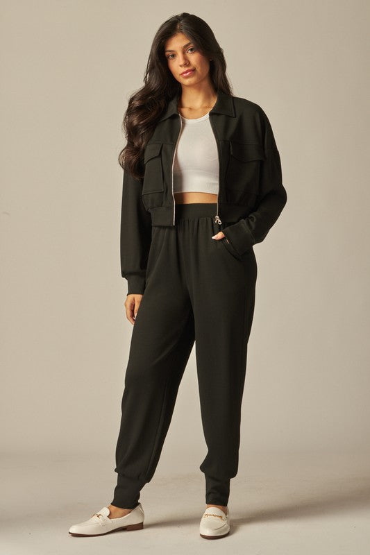 Double Soft Cropped Zip-Up Jacket & Cuff Pant Set