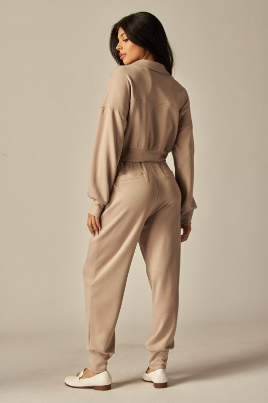 Double Soft Cropped Zip-Up Jacket & Cuff Pant Set