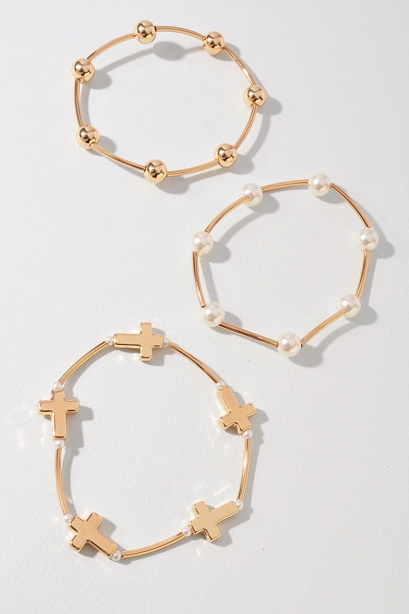Pearl Cross Stretch Bracelet Set
