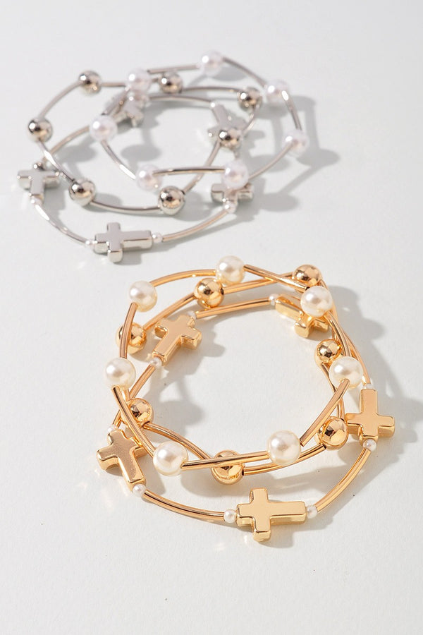 Pearl Cross Stretch Bracelet Set