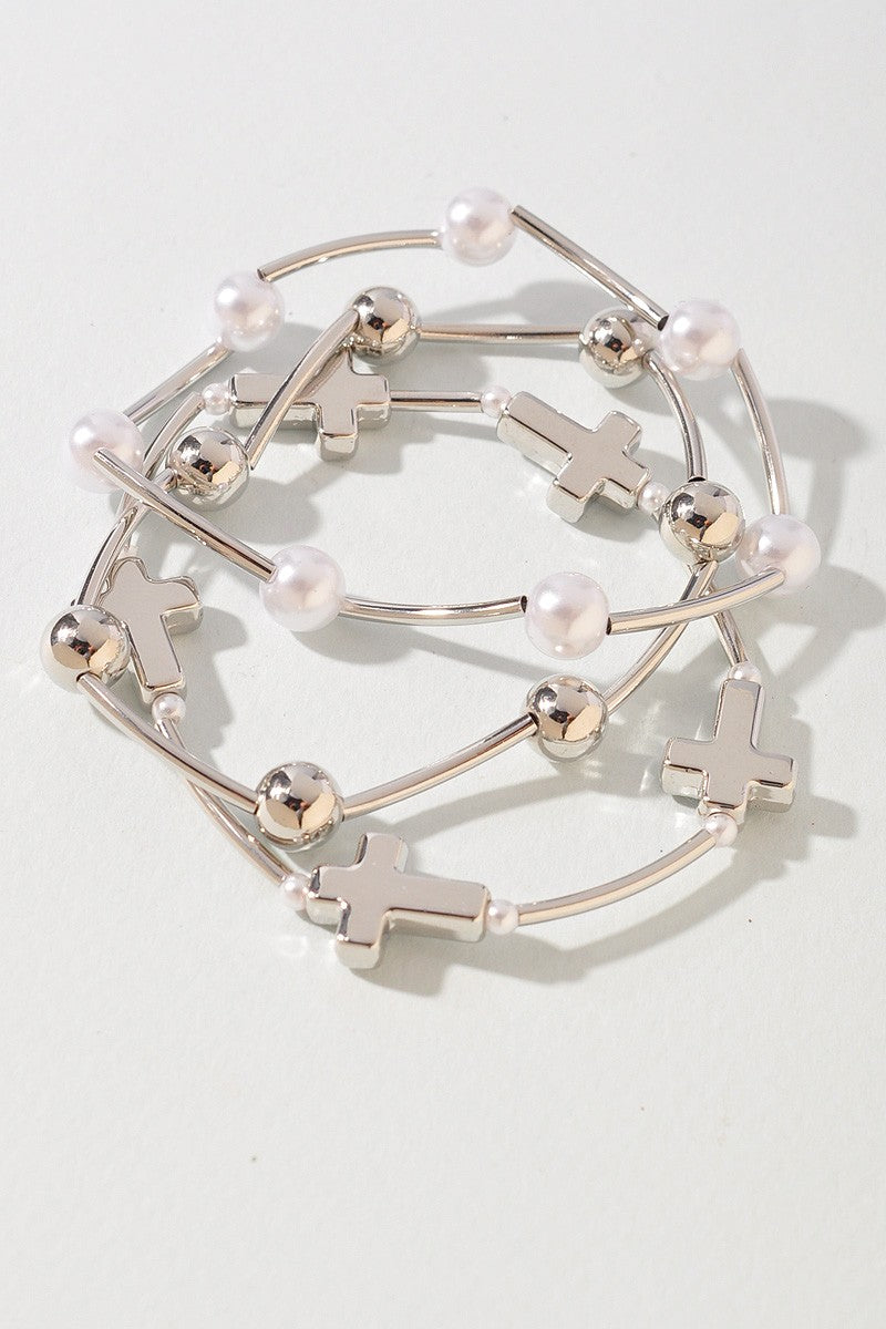 Pearl Cross Stretch Bracelet Set