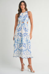 Printed Cut Out Scallop Hem Midi Dress