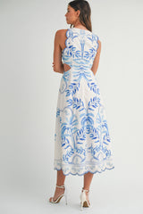 Printed Cut Out Scallop Hem Midi Dress