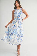 Printed Cut Out Scallop Hem Midi Dress