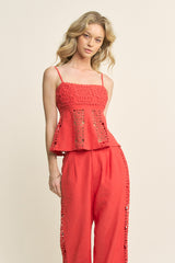 Linen Blend Crochet Lace Detail Top & Pants Set