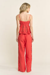 Linen Blend Crochet Lace Detail Top & Pants Set