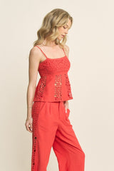 Linen Blend Crochet Lace Detail Top & Pants Set
