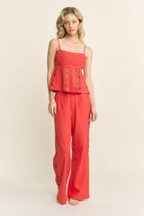 Linen Blend Crochet Lace Detail Top & Pants Set