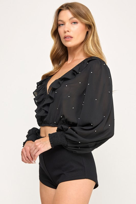 Glam Ruffle Chiffon Crystal Blouse