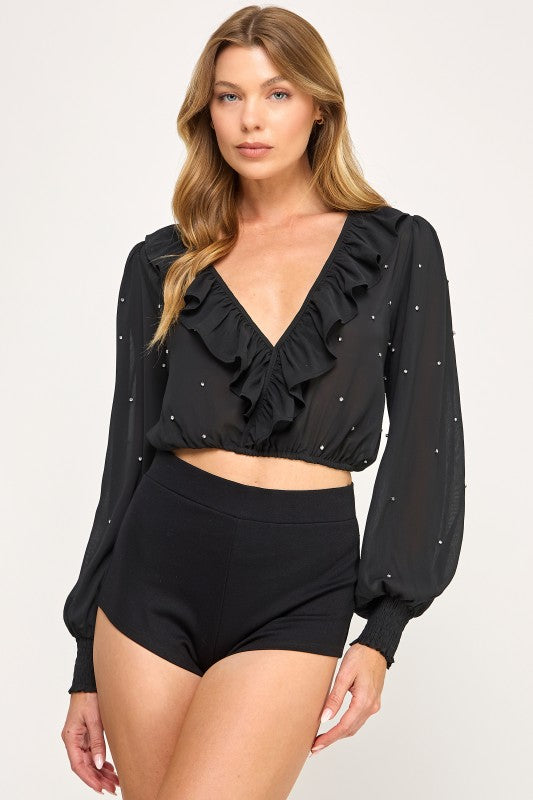 Glam Ruffle Chiffon Crystal Blouse