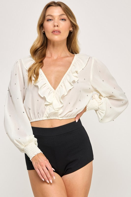 Glam Ruffle Chiffon Crystal Blouse
