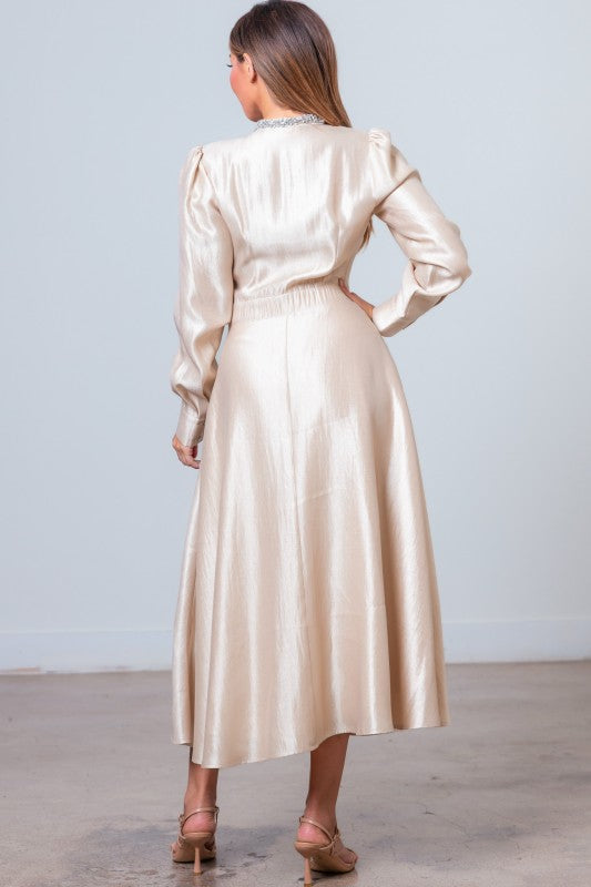 Vivienne Rhinestone Neck Midi Dress