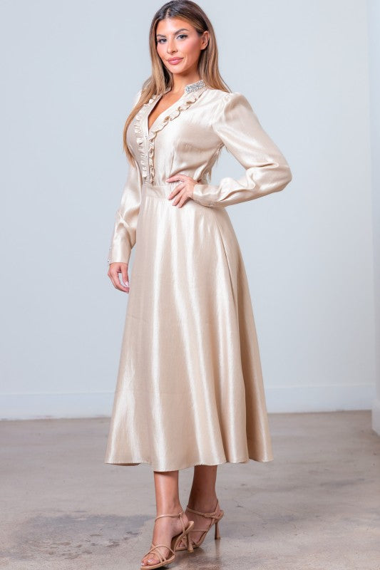 Vivienne Rhinestone Neck Midi Dress