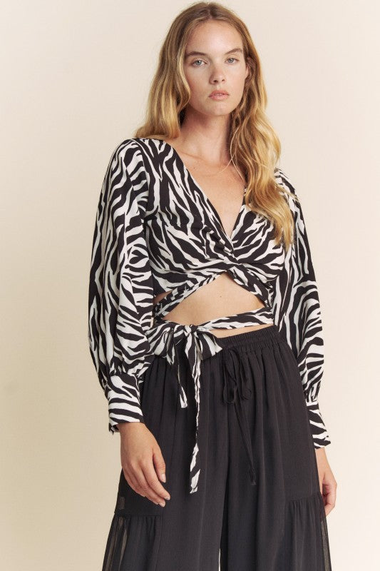 Zebra Print Multi Tie Long Slv Top