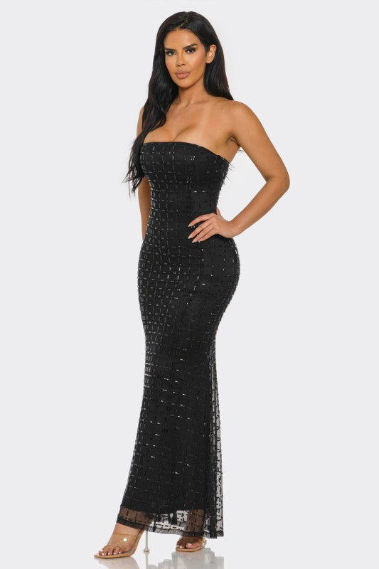 Noslen Strapless Rhinestone Maxi Dress
