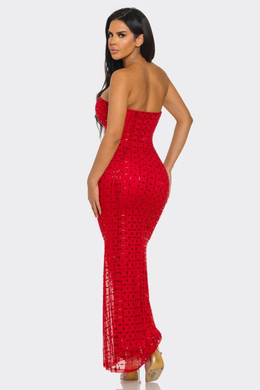 Noslen Strapless Rhinestone Maxi Dress