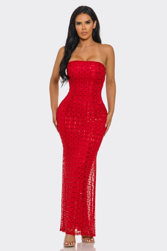 Noslen Strapless Rhinestone Maxi Dress