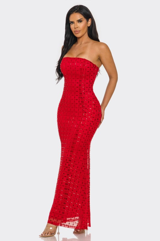 Noslen Strapless Rhinestone Maxi Dress