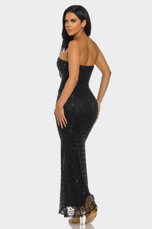 Noslen Strapless Rhinestone Maxi Dress