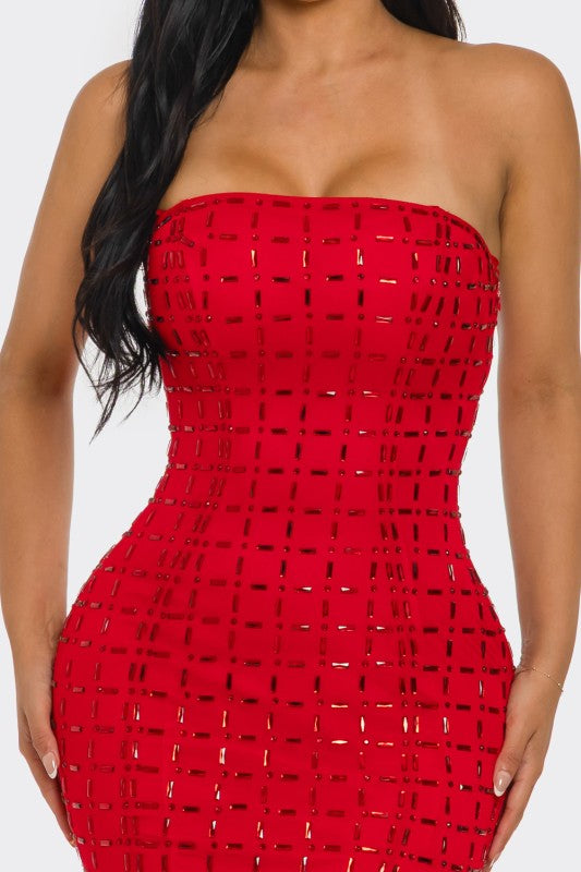 Noslen Strapless Rhinestone Maxi Dress
