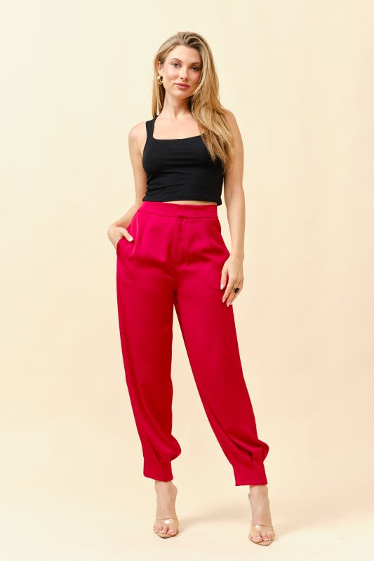 High-Waist Satin Cuffed Pants