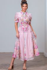 Printed Short Cuff Slvs Midi Dress W/belt