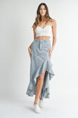 Fit And Flare Ruffle Detail Maxi Denim Skirt