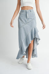 Fit And Flare Ruffle Detail Maxi Denim Skirt
